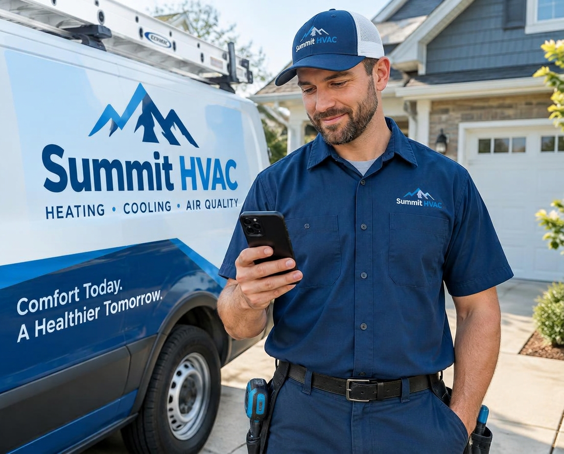 HVAC contractor checking new lead text messages next to his van